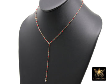 14 K Gold Filled Beaded Enamel Satellite Lariat Necklace, CZ Red Chain Link Choker, Alabama Arkansas Necklace